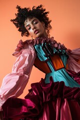 Fototapeta premium Fashion Portrait: A model in a vibrant multi-colored dress against a warm orange backdrop; ideal for clothing design inspiration.
