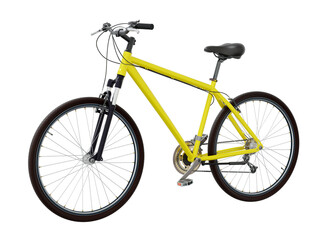 Yellow bicycle, side front view. Black leather saddle and handles. Png clipart isolated on transparent background