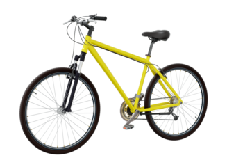 Yellow bicycle, side front view. Black leather saddle and handles. Png clipart isolated on transparent background