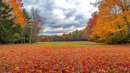 Obraz premium A picturesque autumn meadow with orange and red leaves covering the ground, surrounded by trees in full fall bloom under a bright sky