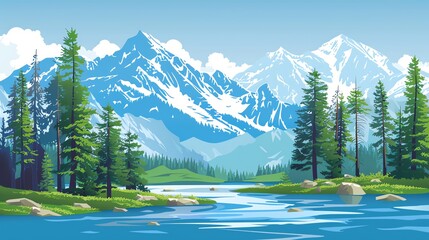 A beautiful mountain landscape with a river flowing through a lush green valley.