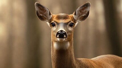 Naklejka premium A young deer with large ears looks directly at the camera, with a blurred forest background.