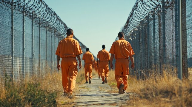 A group of men in orange jumpsuits walk through a fence