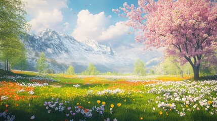 Obraz premium A picturesque spring meadow with bright wildflowers and blooming trees, creating a peaceful and colorful springtime atmosphere