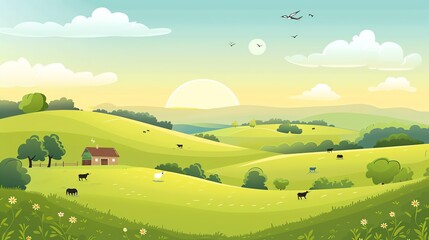 A cartoon illustration of a pastoral landscape with a small house and cows in a field.
