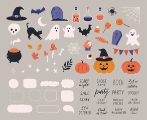 Halloween big set of elements and  quotes, ghosts, bat, tombstone, coffin, skull, candy, potion, bat, witch pot, black cat, bone, spider web, moon, cake etc. Cartoon flat style. Vector illustration