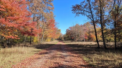 Fototapeta premium A serene autumn scene with vibrant red, orange, and yellow leaves on trees, creating a peaceful forest path under a clear blue sky