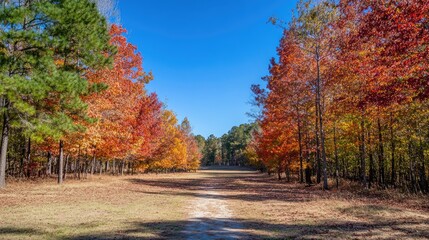A serene autumn scene with vibrant red, orange, and yellow leaves on trees, creating a peaceful forest path under a clear blue sky