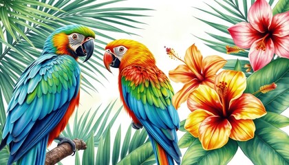 Obraz premium Parrots lovebirds, palm leaves, tropical flowers: turmeric, orchid, hibiscus in watercolor botanical illustration AI Generate