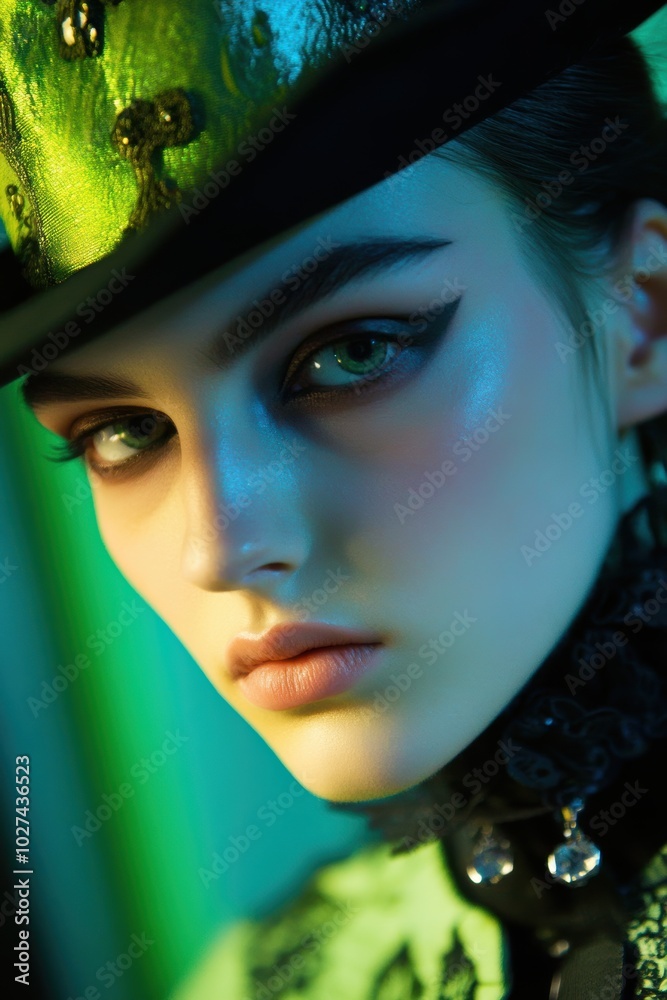 Poster Fashion Portrait: A Close-Up of a Model with Dramatic Make-Up and Stylized Hat in Vibrant Colors