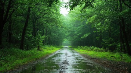 Naklejka premium A serene scene of a rain-soaked forest path, with green trees, gentle raindrops falling, and a misty horizon