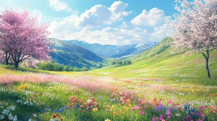 Obraz premium A serene spring meadow with colorful flowers, green hills, and cherry blossom trees under a clear, bright sky