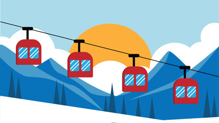 Winter Mountains Landscape with Cable Cars Flat Style. Landscapes and outdoor sightseeing activities vector art © Eugen