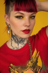 Vibrant Portrait: A Stylish Individual with Bold Makeup and Tattoos Against a Yellow Background, Perfect for Fashion and Art Illustrations