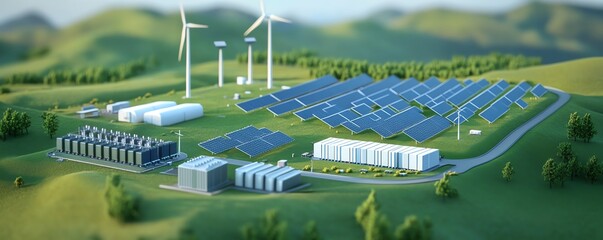 Sustainable energy facility with solar panels and wind turbines set in a green landscape, highlighting renewable power innovation.