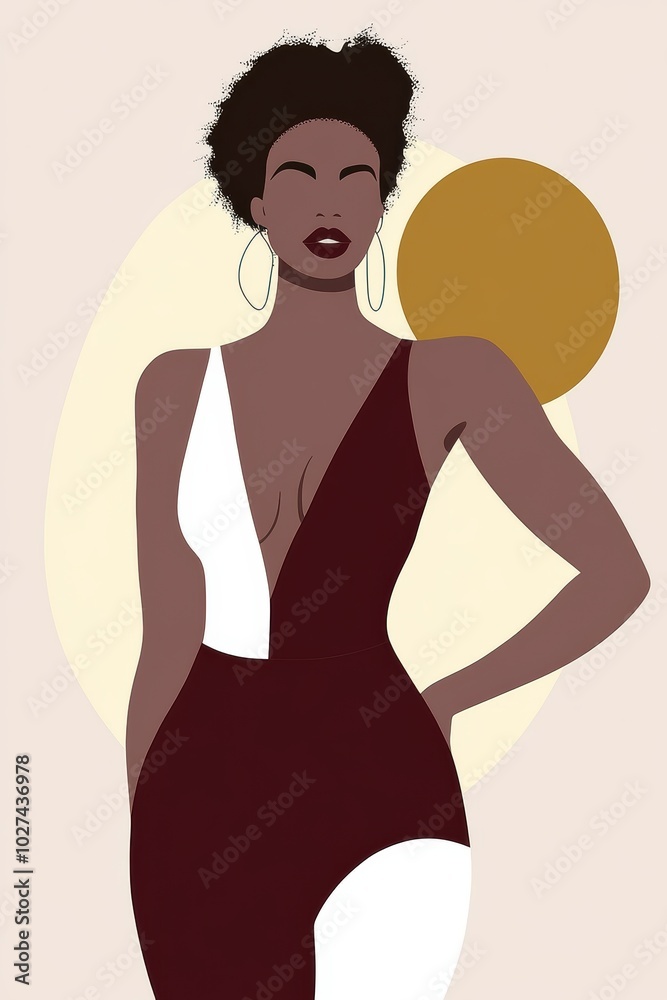 Wall mural Stylized Illustration: Elegant Woman in Modern Fashion with Bold Colors and Graphic Sun Background – Ideal for Fashion Branding and Beauty Promotions