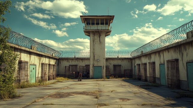 A prison yard with a tall tower in the background
