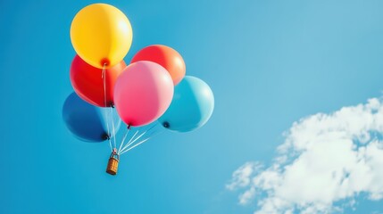 A collection of vibrant balloons rises high against a clear blue sky, lifting a small basket as they drift peacefully. Generative AI