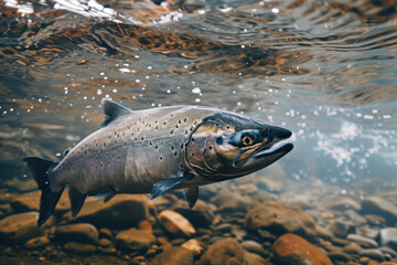 close up horizontal underwater image of a wild salmon swimming in an alaskan river