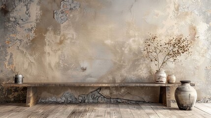 Stylish modern living room with minimalist console table against a distressed grunge stucco wall
