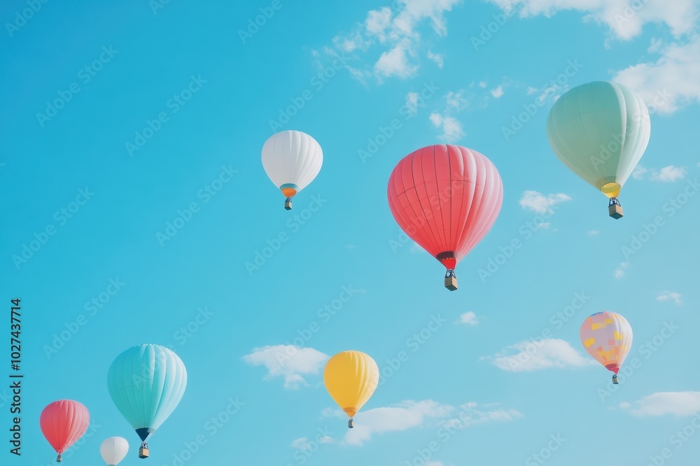 Aufkleber brightly colored balloons soar gracefully in a clear blue sky, creating a joyful atmosphere on a bea
