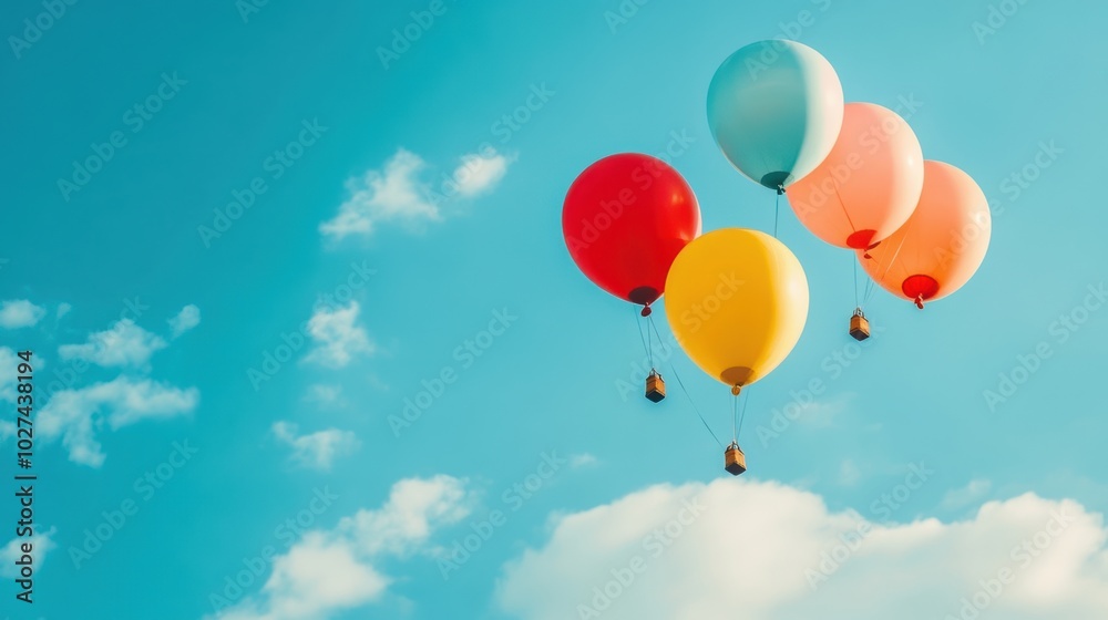 Poster a group of vibrant balloons floats joyfully against a stunning blue sky, creating a cheerful atmosph