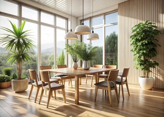 Obraz premium Surreal Minimalist Dining Area with Wooden Furniture and Indoor Plant in Natural Light
