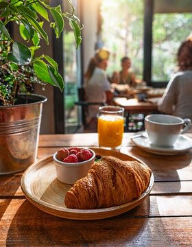 Un desayuno continental servido en una acogedora cafeter&iacute;a con luz natural. Un croissant dorado, una taza de caf&eacute; humeante, un vaso de zumo de naranja fresco y un bol de fruta fresca.
