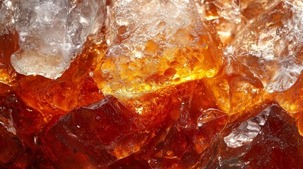 Close-Up of Clear and Amber Ice Cubes with Crystalline Texture and Glossy Facets, Highlighting Color Variations and Light Reflection in Tightly Cropped Composition
