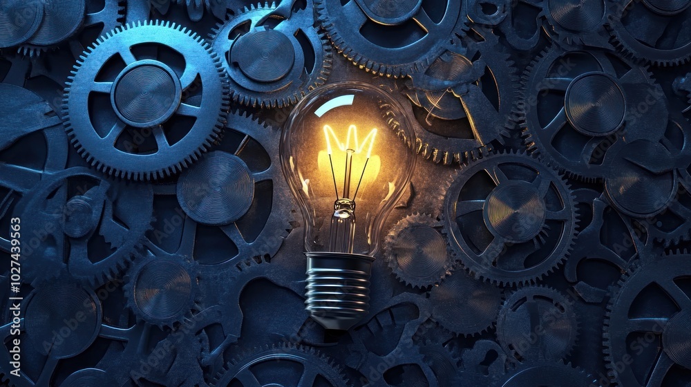 Poster glowing light bulb amidst a network of interlocking gears