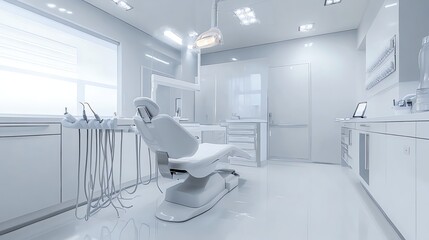 A modern dental office with a bright and clean design. The room features a comfortable dental chair, a large window, and a sleek countertop.