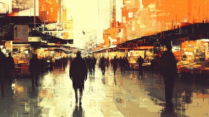 Vibrant Urban Cityscape: Bustling Atmosphere of a Rainy City Street