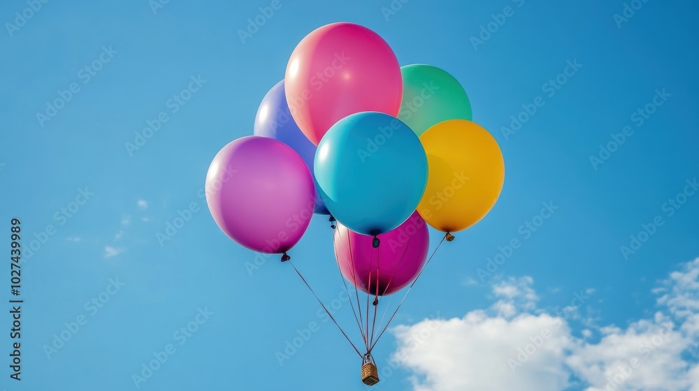 Poster brightly colored balloons ascend into the vast, clear blue sky, creating a joyful and uplifting atmo