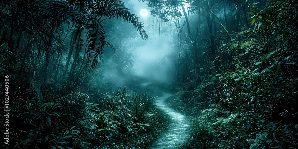 Poster A dark forest with a path through it