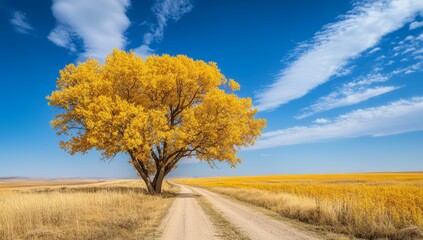 Obraz premium A vibrant golden tree enhances the beauty of an empty dirt road surrounded by expansive autumn fields under a bright blue sky