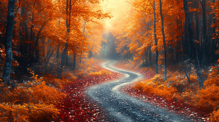 Obraz premium winding path through an autumn forest lit by the warm glow of a setting sun casting long shadows