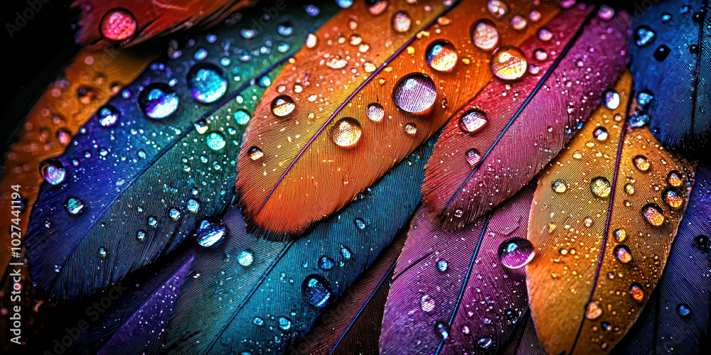Poster A colorful feather with droplets of water on it
