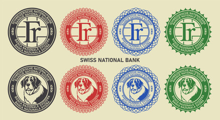 Vector graphic set of financial fictional seals. Round icons with Swiss franc symbol and the head of a St. Bernard dog. The inscription in German, French, Italian and Romansh means Swiss National Bank