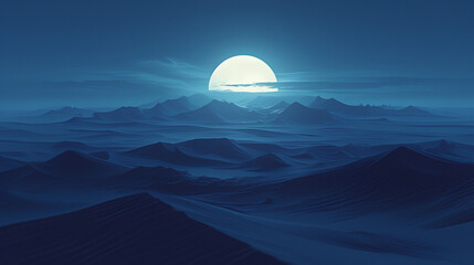 Obraz premium full moon hovering over the quiet desert dunes with gentle light spilling across the rippled sand under the night sky
