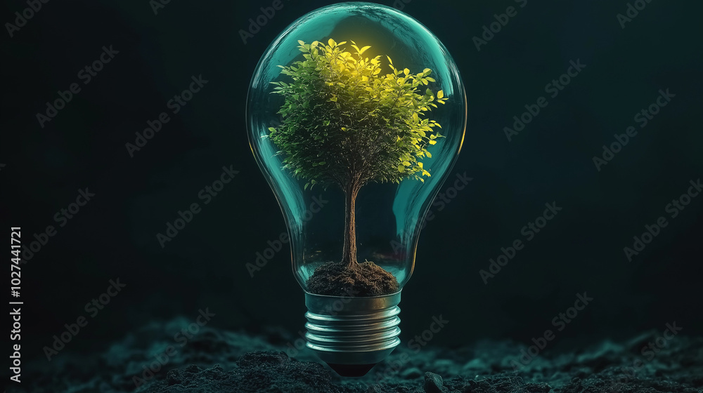 Wall mural green energy concept featuring a thriving tree inside a lightbulb, representing eco finance and sust