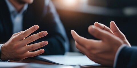 An image of two suited businessmen engaged in a serious conversation, their hand gestures indicating intensity and focus on the discussion at hand.