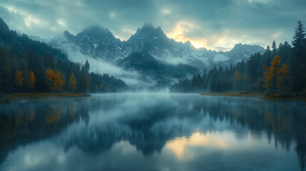Obraz premium mist rising from a tranquil alpine lake with orange autumn trees lining the shore and snow-capped mountains in the distance at sunrise