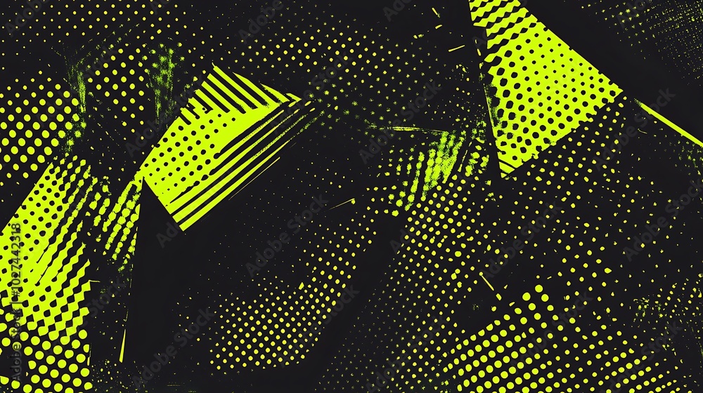 Poster abstract background with geometric shapes and halftone pattern in vibrant green and black colors.