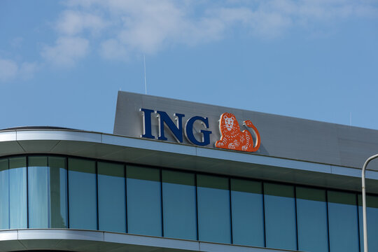 Amsterdam, the Netherlands. 13 May 2023. ING Bank sign logo, ING is Global financial institution of Dutch origin, currently offering banking, investments, life insurance and retirement services.