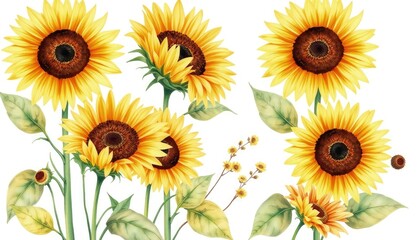 Sunflowers on isolated white background, watercolor botanical illustration hand-drawing set of flowers and leaves AI Generate