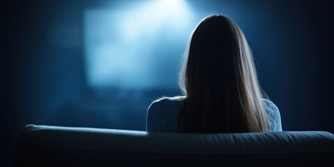 An individual with long hair sits on a couch in a dark room while watching a television screen, possibly absorbed in a gripping storyline or cinematic experience.