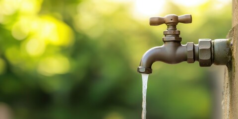 A metal faucet outdoors slowly releases a stream of water, symbolizing the crucial element of conservation and scarcity of water resources in modern times.