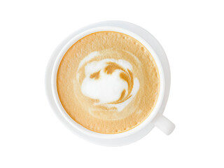 Coffee, cappuccino, coffee with milk in a white glass mug. The drawing on the coffee foam. View from above. On a white background. Isolated. A place for the text. Copy space