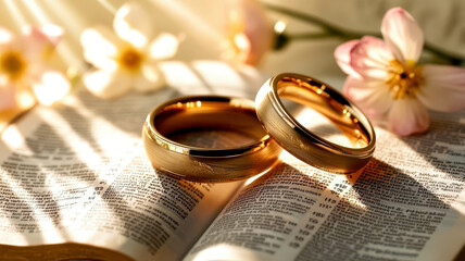 Two gold wedding rings are on top of a book