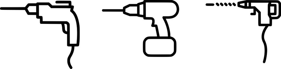 Cordless Drill, Impact Drill, Electric Nail Gun, Electric Drill, Screwdriver Drill Vector Set &ndash; Power Tools Collection with Power Drill, Battery-Powered Drill, Hammer Drill, Electric Screwdriver, Nail